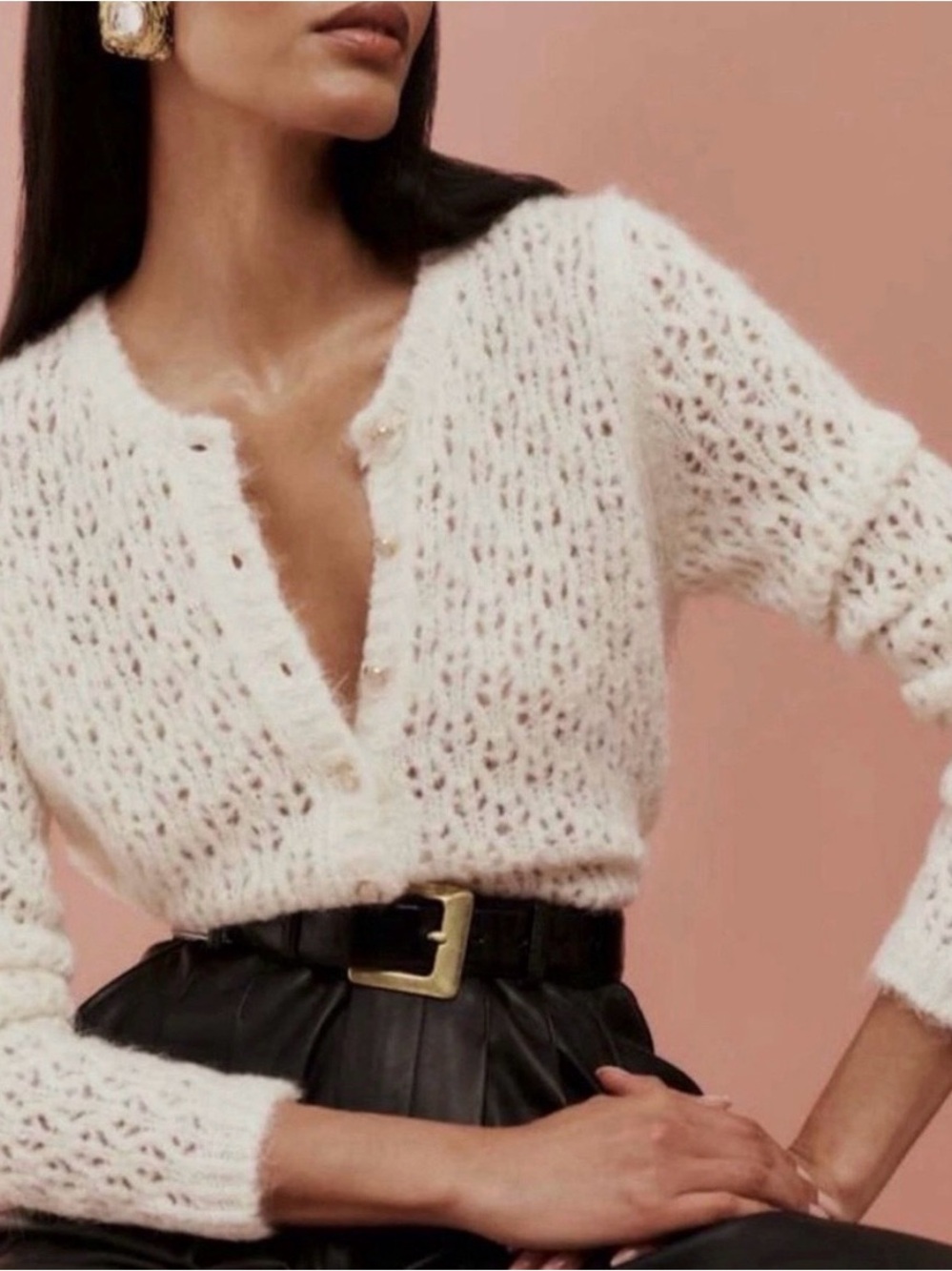 Reformation Clara Crew Cardigan in White Pointelle- Size S
